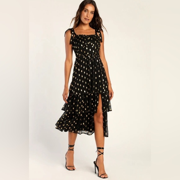 NWT Celebration Chic Black Polka Dot Tie-Strap Tiered Maxi Dress - Picture 1 of 8